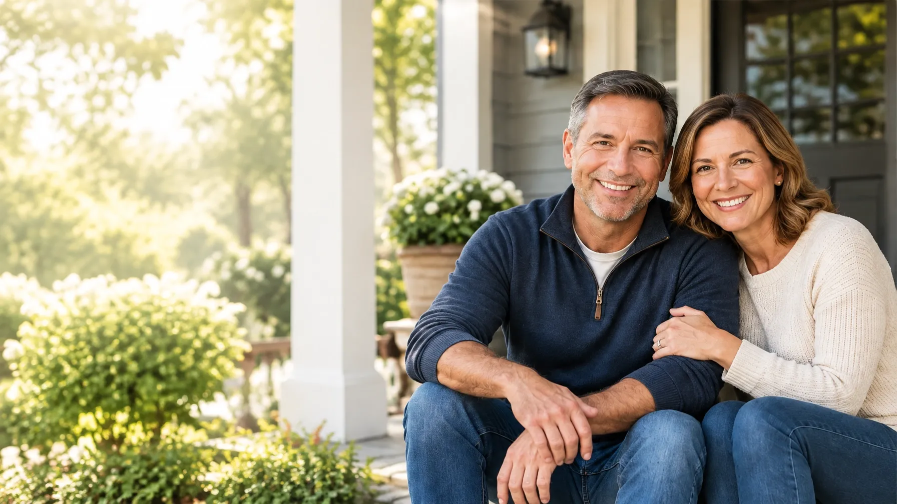 A smiling couple relaxing together on the porch of their home